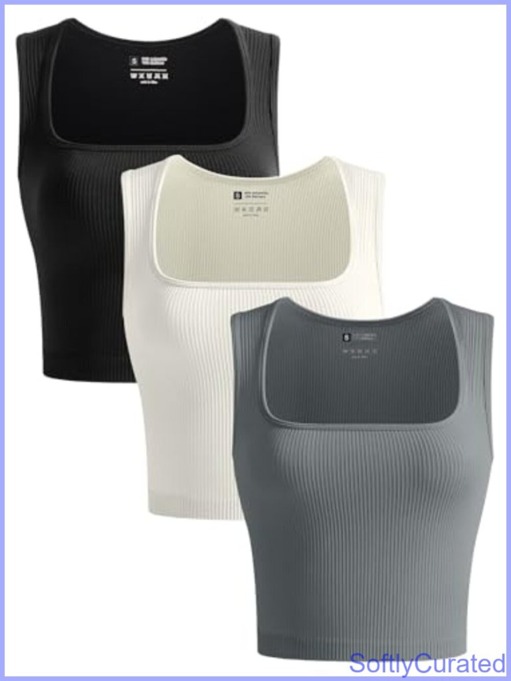 Seamless Ribbed Crop Tank Tops Square Neck Workout 3 Pack
